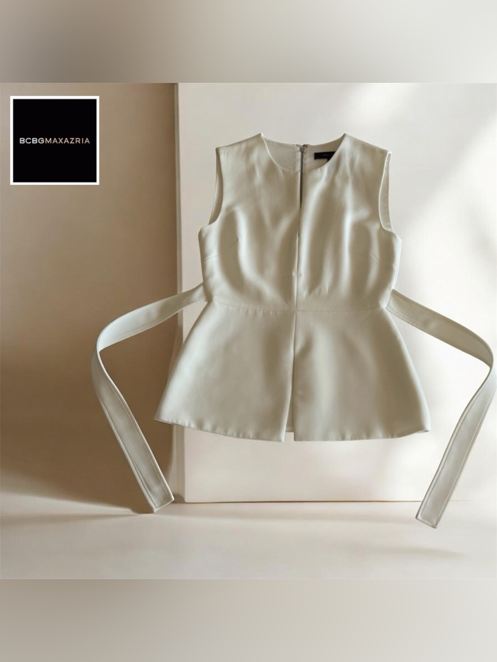 BCBGMaxAzria Women’s Ivory Sleeveless Décolleté Peplum Top - Picture 3 of 10